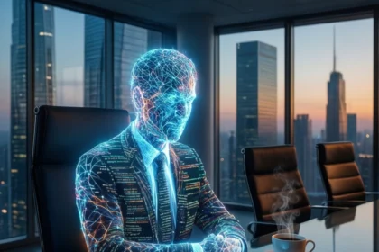 En digital, lysende figur i jakkesæt sidder ved et konferencebord med en dampende kop kaffe og en tablet, der viser data, mens vedkommende kigger ud over byens skyline i skumringen. - Kunstig intelligens AI