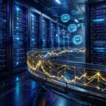 Rækker af serverreoler i et datacenter med holografiske linjediagrammer og ikoner af digitale kredsløb, der svæver i luften. - Kunstig intelligens AI