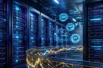 Rækker af serverreoler i et datacenter med holografiske linjediagrammer og ikoner af digitale kredsløb, der svæver i luften. - Kunstig intelligens AI