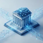 En neoklassisk bankbygning, der står på et digitalt kredsløbskort med lysende blå netværksknudepunkter, der strækker sig udad. - Kunstig intelligens AI