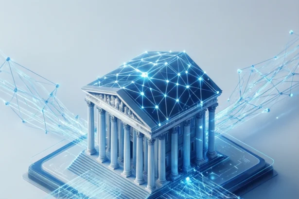 En neoklassisk bankbygning, der står på et digitalt kredsløbskort med lysende blå netværksknudepunkter, der strækker sig udad. - Kunstig intelligens AI