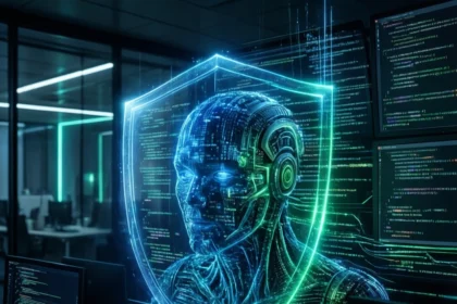 En lysende blå og grøn digital menneskelignende figur, beskyttet af et skjold og omgivet af computerskærme, der viser kodelinjer. - Kunstig intelligens AI