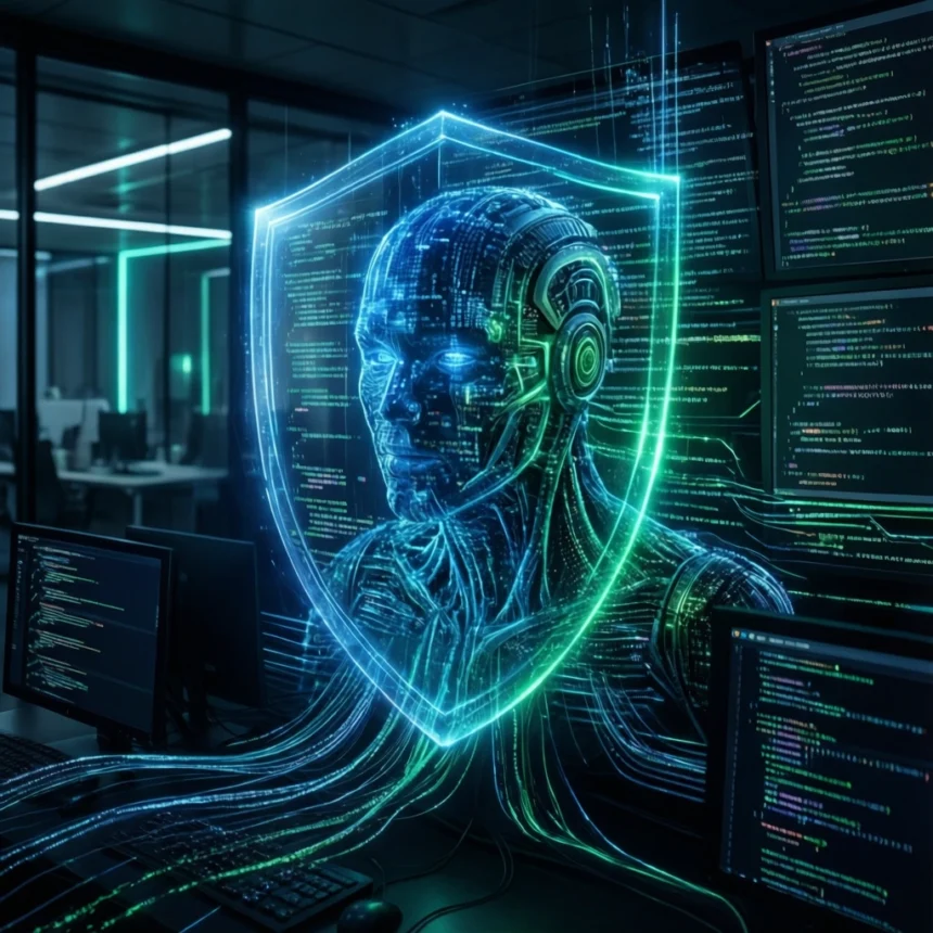 En lysende blå og grøn digital menneskelignende figur, beskyttet af et skjold og omgivet af computerskærme, der viser kodelinjer. - Kunstig intelligens AI
