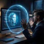 En mand i jakkesæt ser overrasket ud, mens han kigger på en computerskærm, der viser et lysende digitalt ansigt inde i en lysboble. - Kunstig intelligens AI