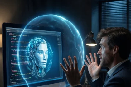 En mand i jakkesæt ser overrasket ud, mens han kigger på en computerskærm, der viser et lysende digitalt ansigt inde i en lysboble. - Kunstig intelligens AI