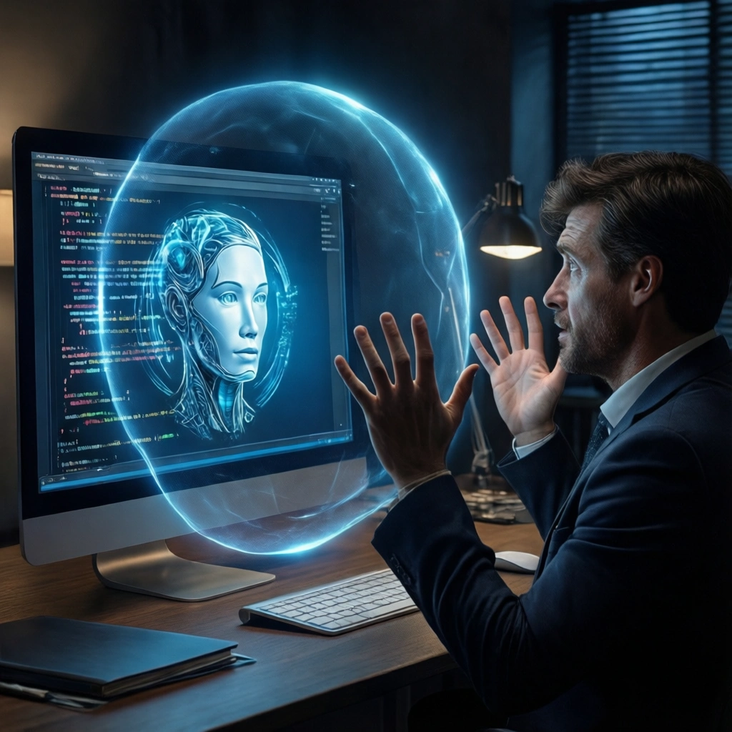 En mand i jakkesæt ser overrasket ud, mens han kigger på en computerskærm, der viser et lysende digitalt ansigt inde i en lysboble. - Kunstig intelligens AI