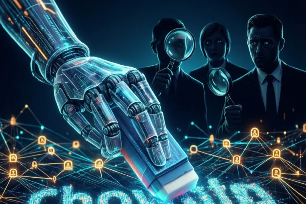 En robothånd bruger en viskelæder til at fjerne lysende tekst fra et digitalt netværk, mens tre personer følger med gennem forstørrelsesglas. - Kunstig intelligens AI