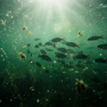 En fiskestime svømmer gennem grumset, solbelyst vand fyldt med flydende organisk affald. - Kunstig intelligens AI