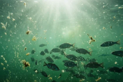 En fiskestime svømmer gennem grumset, solbelyst vand fyldt med flydende organisk affald. - Kunstig intelligens AI