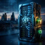 Et serverrack med lysende digitale forbindelser står foran en bys silhuet om natten, sikret med to oplyste hængelåse. - Kunstig intelligens AI