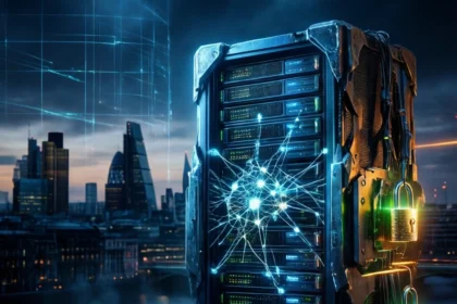 Et serverrack med lysende digitale forbindelser står foran en bys silhuet om natten, sikret med to oplyste hængelåse. - Kunstig intelligens AI