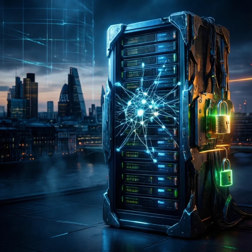 Et serverrack med lysende digitale forbindelser står foran en bys silhuet om natten, sikret med to oplyste hængelåse. - Kunstig intelligens AI