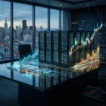 En række serverreoler står på et konferencebord af glas i et kontor i en højhus, omgivet af lysende datavisualiseringer og byens skyline i skumringen. - Kunstig intelligens AI