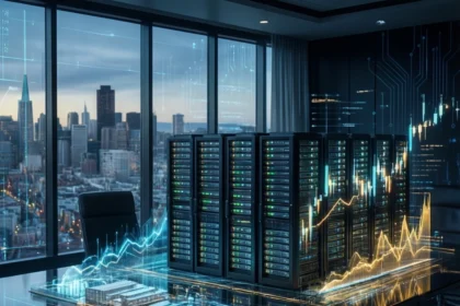En række serverreoler står på et konferencebord af glas i et kontor i en højhus, omgivet af lysende datavisualiseringer og byens skyline i skumringen. - Kunstig intelligens AI