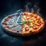 En pizza, der er delt i en frossen, iskold halvdel og en varm, dampende halvdel med pepperoni, med et lysende digitalt advarselsikon placeret midt på den. - Kunstig intelligens AI
