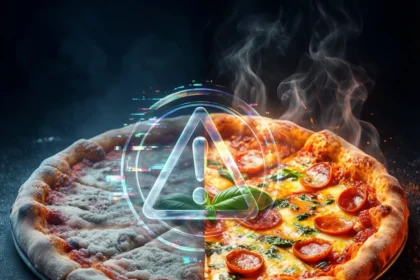 En pizza, der er delt i en frossen, iskold halvdel og en varm, dampende halvdel med pepperoni, med et lysende digitalt advarselsikon placeret midt på den. - Kunstig intelligens AI