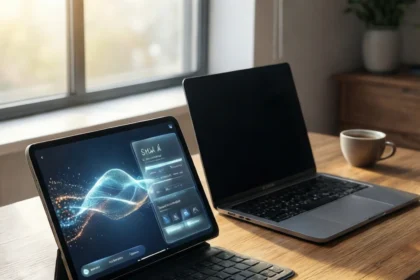 En tablet med et digitalt, abstrakt bølgeformdisplay på et tastaturstativ ved siden af en lukket bærbar computer og en kaffekop på et træbord. - Kunstig intelligens AI