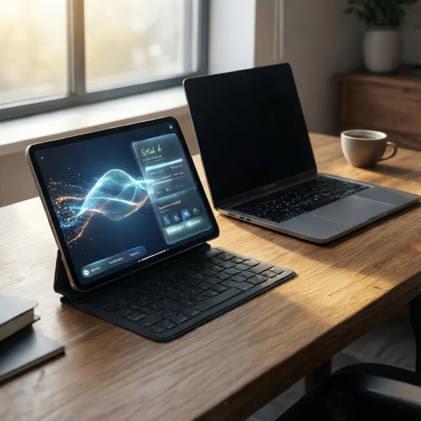 En tablet med et digitalt, abstrakt bølgeformdisplay på et tastaturstativ ved siden af en lukket bærbar computer og en kaffekop på et træbord. - Kunstig intelligens AI