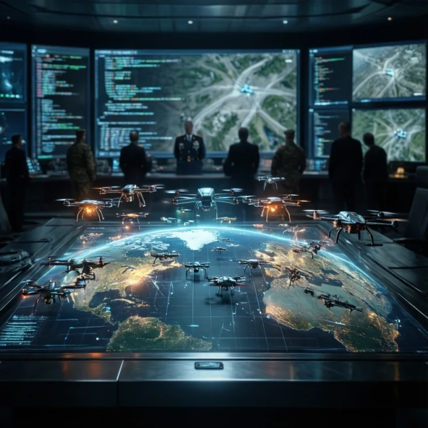 Militærofficerer i en kommandocentral følger med på skærme, der viser kort og kode, mens en digital globus på et bord viser droner, der flyver over forskellige regioner. - Kunstig intelligens AI