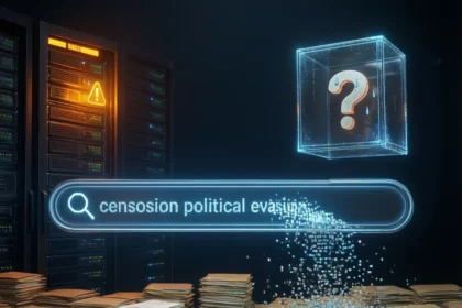 Der ligger stakke af papirfiler foran serverstativerne, med en lysende søgefelt, hvor der står censosion political evasun, og en svævende holografisk terning med et spørgsmålstegn. - Kunstig intelligens AI