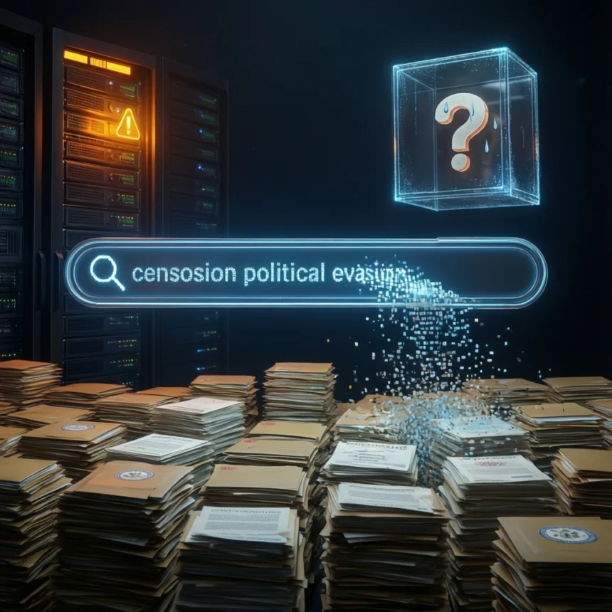 Der ligger stakke af papirfiler foran serverstativerne, med en lysende søgefelt, hvor der står censosion political evasun, og en svævende holografisk terning med et spørgsmålstegn. - Kunstig intelligens AI