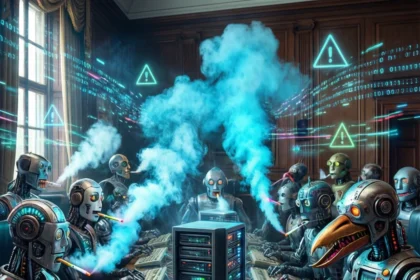 En gruppe robotter, der sidder ved et konferencebord omkring en central server, skriver på tastaturer og ryger cigaretter, mens blå røg og holografiske advarselsikoner fylder luften. - Kunstig intelligens AI