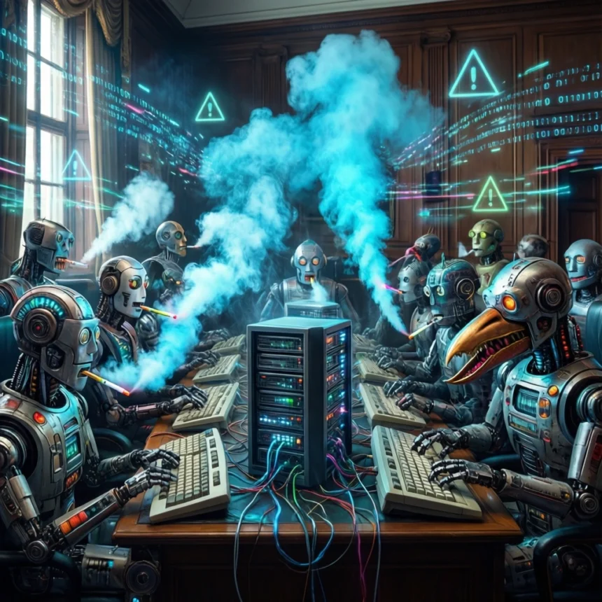 En gruppe robotter, der sidder ved et konferencebord omkring en central server, skriver på tastaturer og ryger cigaretter, mens blå røg og holografiske advarselsikoner fylder luften. - Kunstig intelligens AI