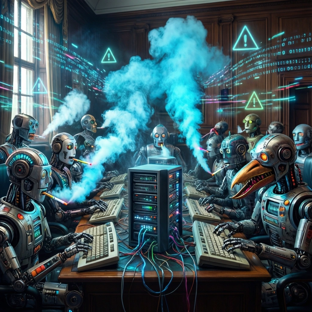 En gruppe robotter, der sidder ved et konferencebord omkring en central server, skriver på tastaturer og ryger cigaretter, mens blå røg og holografiske advarselsikoner fylder luften. - Kunstig intelligens AI