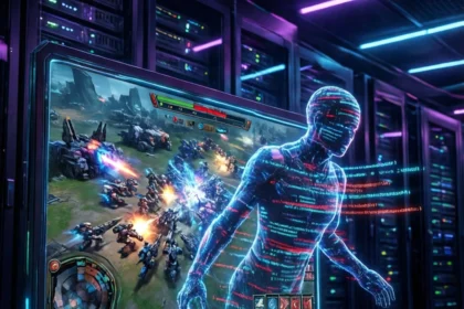 En computerskærm i et serverrum, der viser et strategisk videospil med en holografisk menneskeskikkelse, der er lagt oven på billedet i forgrunden. - Kunstig intelligens AI