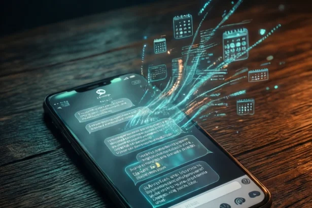 En smartphone på en træoverflade viser lysende chatbobler og svævende kalenderikoner. - Kunstig intelligens AI