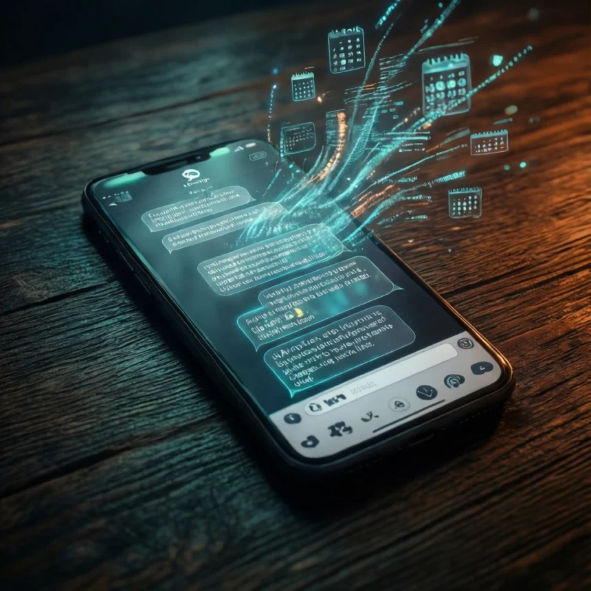 En smartphone på en træoverflade viser lysende chatbobler og svævende kalenderikoner. - Kunstig intelligens AI