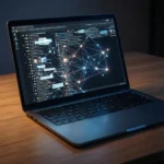 En bærbar computer på et træbord, hvor der vises en webbrowser med et netværksdiagram bestående af lysende prikker og forbindelseslinjer, der ligger oven på brugergrænsefladen. - Kunstig intelligens AI
