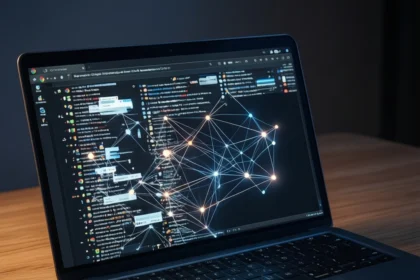 En bærbar computer på et træbord, hvor der vises en webbrowser med et netværksdiagram bestående af lysende prikker og forbindelseslinjer, der ligger oven på brugergrænsefladen. - Kunstig intelligens AI