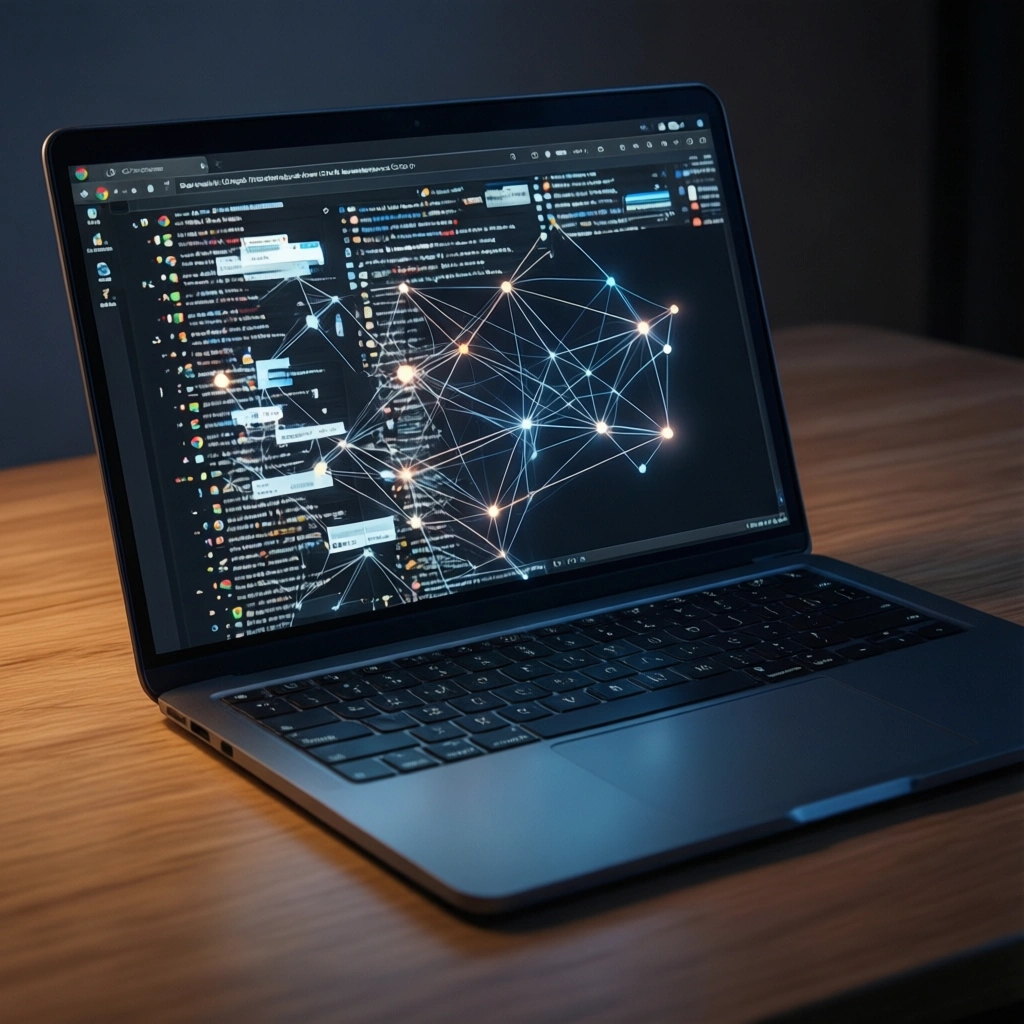 En bærbar computer på et træbord, hvor der vises en webbrowser med et netværksdiagram bestående af lysende prikker og forbindelseslinjer, der ligger oven på brugergrænsefladen. - Kunstig intelligens AI