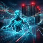 En lysende blå cyborg dukker op fra en digital skærm på en vej foran en serverbygning. - Kunstig intelligens AI