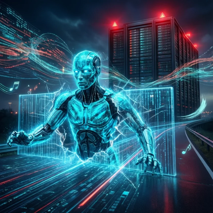 En lysende blå cyborg dukker op fra en digital skærm på en vej foran en serverbygning. - Kunstig intelligens AI