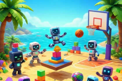 Seks små robotter, der leger med farverige byggeklodser og en basketball på en strand tæt på en basketballkurv. - Kunstig intelligens AI