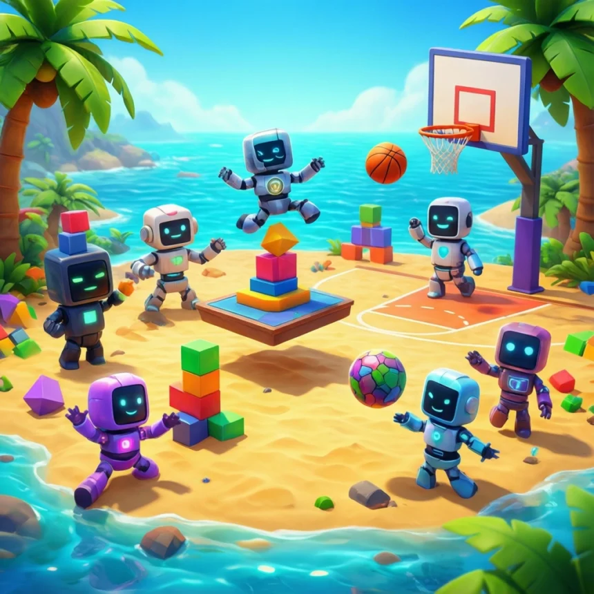 Seks små robotter, der leger med farverige byggeklodser og en basketball på en strand tæt på en basketballkurv. - Kunstig intelligens AI