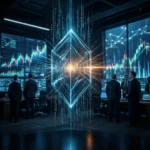 En lysende, geometrisk digital terning, der svæver midt i et rum, hvor folk i jakkesæt står foran store vægmonterede skærme, der viser finansielle diagrammer. - Kunstig intelligens AI