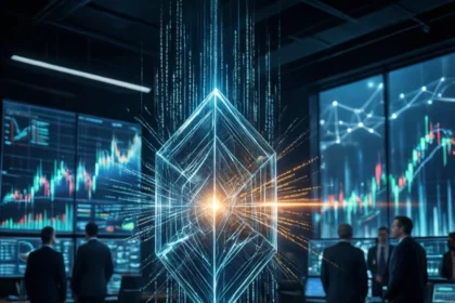 En lysende, geometrisk digital terning, der svæver midt i et rum, hvor folk i jakkesæt står foran store vægmonterede skærme, der viser finansielle diagrammer. - Kunstig intelligens AI