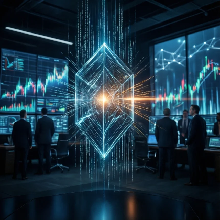 En lysende, geometrisk digital terning, der svæver midt i et rum, hvor folk i jakkesæt står foran store vægmonterede skærme, der viser finansielle diagrammer. - Kunstig intelligens AI