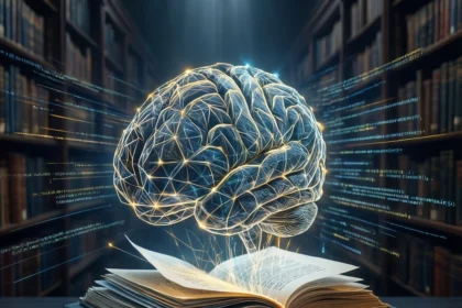 En lysende digital hjerne svæver over en åben bog på et biblioteksbord, og lysspor forbinder dem, hvilket symboliserer vidensoverførsel og læring. - Kunstig intelligens AI