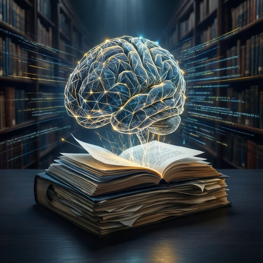 En lysende digital hjerne svæver over en åben bog på et biblioteksbord, og lysspor forbinder dem, hvilket symboliserer vidensoverførsel og læring. - Kunstig intelligens AI