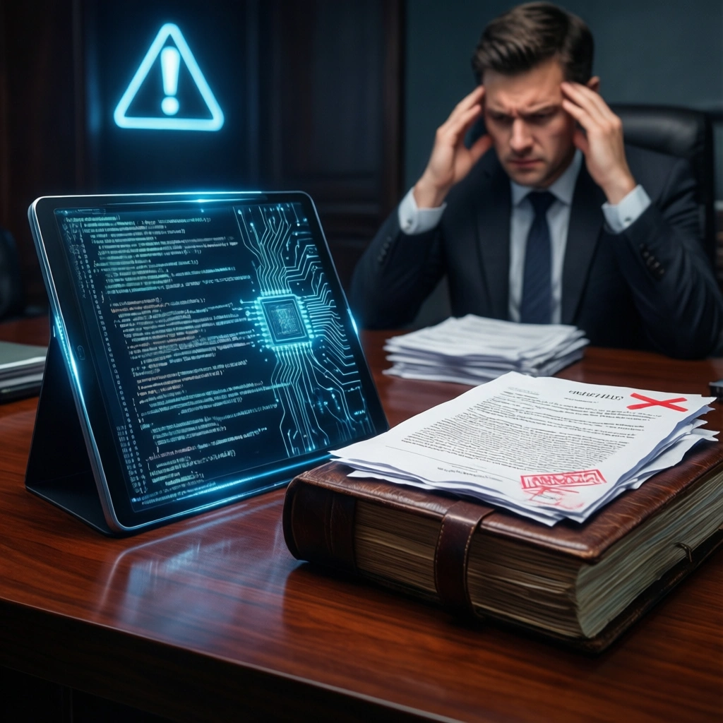 En mand i jakkesæt ser stresset ud ved et skrivebord ved siden af en tablet, hvor der vises kodelinjer, og en stak papirer mærket med røde krydser og afkrydsningsstempler. - Kunstig intelligens AI