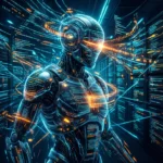 En humanoid robot, der er opbygget af lysende datalinjer, og som står midt i et serverrum fyldt med strømme af digital kode. - Kunstig intelligens AI