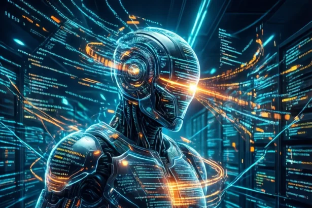 En humanoid robot, der er opbygget af lysende datalinjer, og som står midt i et serverrum fyldt med strømme af digital kode. - Kunstig intelligens AI