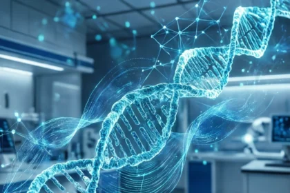 En lysende blå DNA-dobbelthelix svæver i et moderne laboratorium. - Kunstig intelligens AI