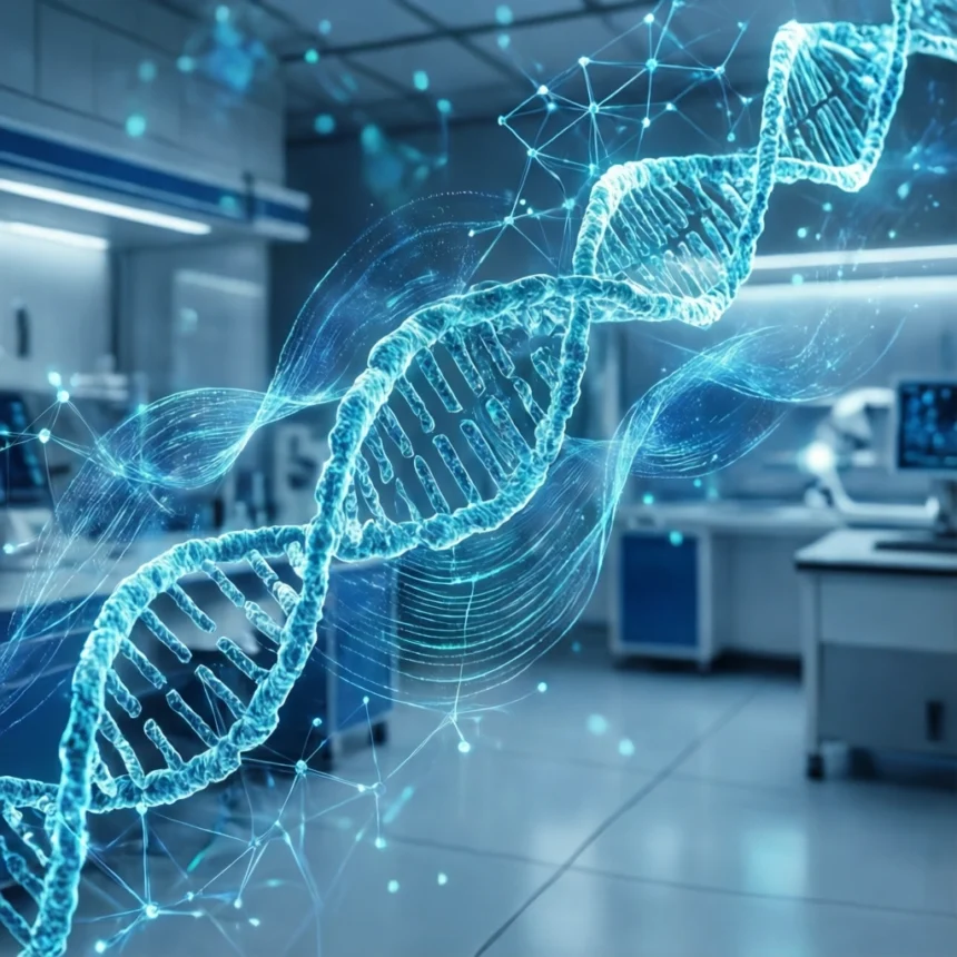 En lysende blå DNA-dobbelthelix svæver i et moderne laboratorium. - Kunstig intelligens AI