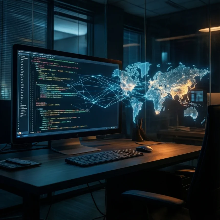 En computerskærm på et skrivebord, der viser kodelinjer ved siden af et lysende, holografisk verdenskort, der viser sammenkoblede datanetværk. - Kunstig intelligens AI